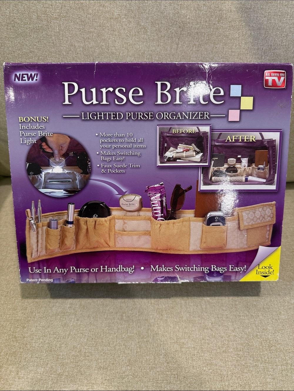 NWT Purse Brite Lighted Purse Organizer in Tan! Can also be used for diaper bag!